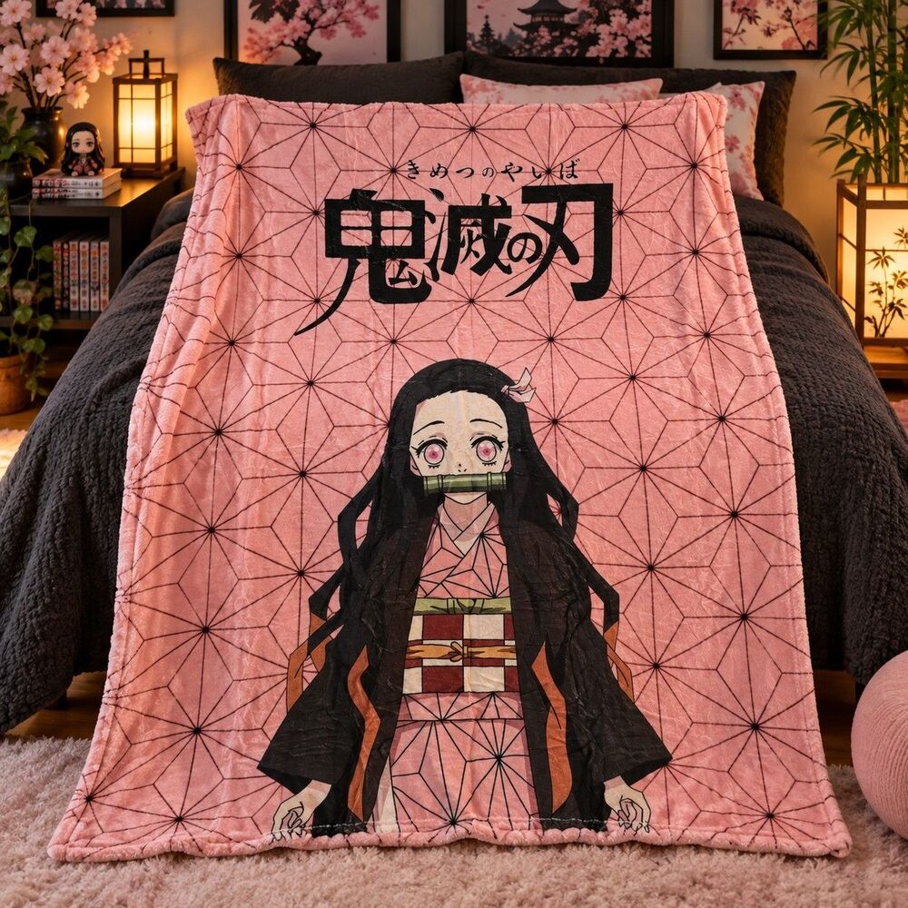 Demon Slayer Nezuko Anime Plush Throw Blanket Pink Home Decor Bedroom 40 x 50